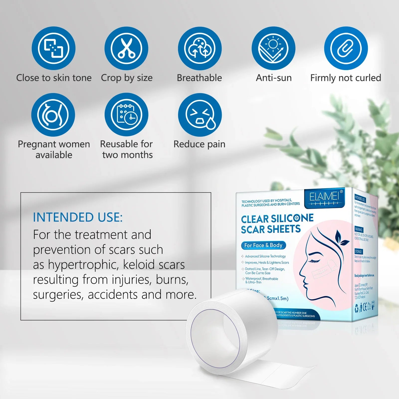 1/2 Roll Invisible Silicone Scar Sheets , 2.5cm X 150cm, Self-Adhesive Scar Cover Tape Reusable and Effective Skin Care Strips